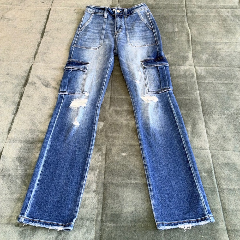 Risen Jeans Los Angeles Medium Wash Distressed Cargo Straight Leg Jeans Sz 1/25